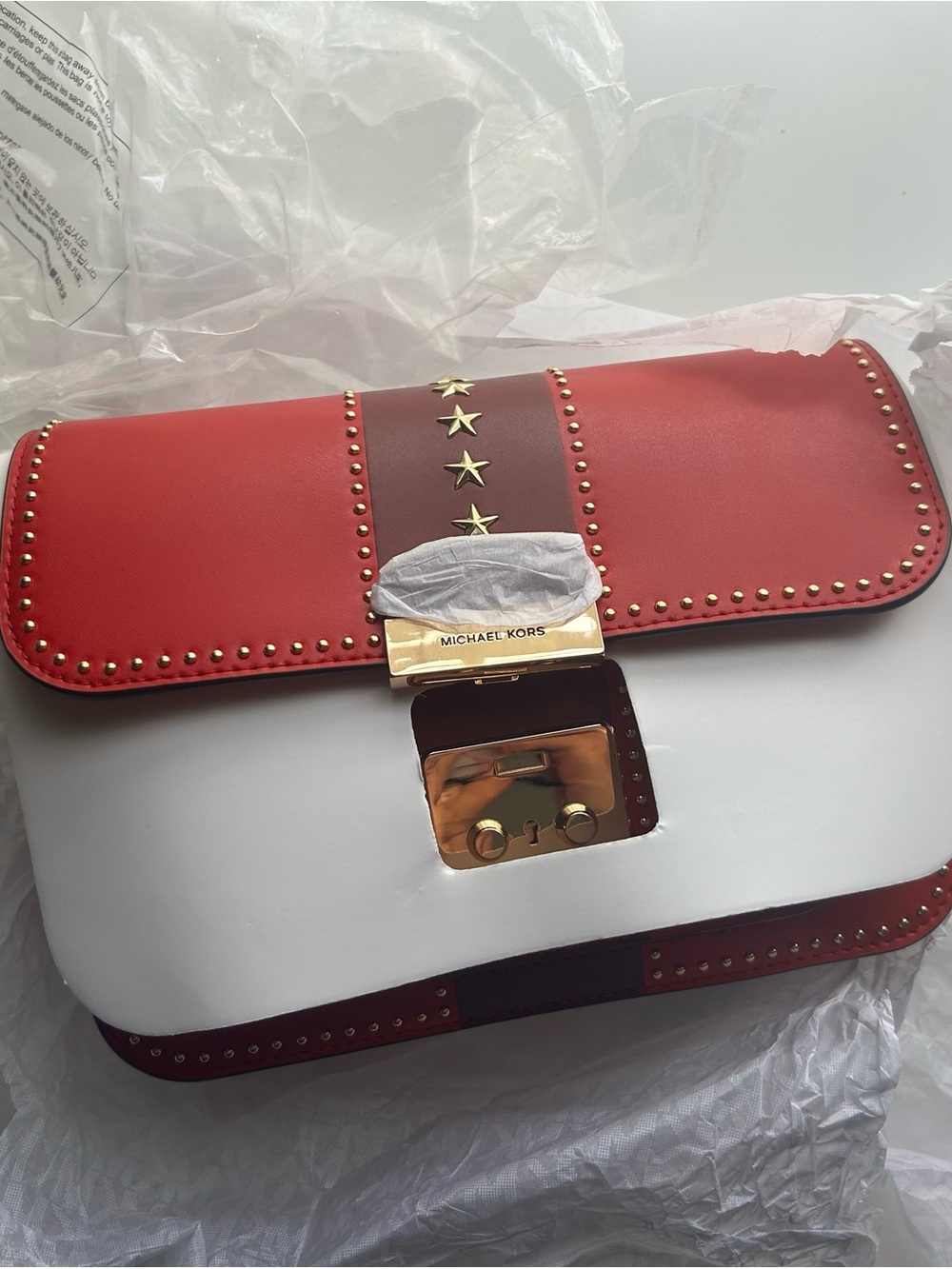 Michael Kors Sloan Editor Studded Leather Shoulder Bag in red